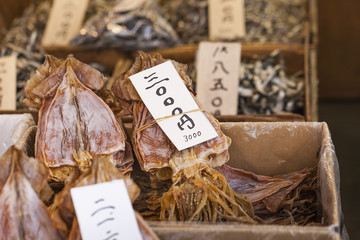Dried fish, seafood product at market from Japan.