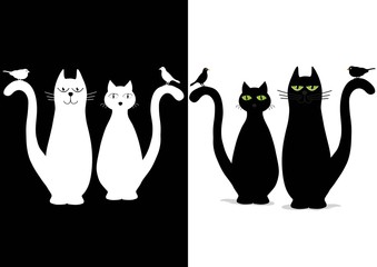 Naklejki  Czarno-białe słodkie koty z ptakami