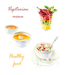 Vegetarian menu. Healthy food composition. Watercolor hand drawn illustration