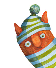 Obraz premium Red cat in striped hat. Watercolor and gouache Illustration