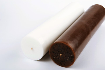White and brown large cylindrical handmade candles