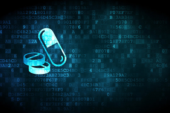 Healthcare concept: Pills on digital background