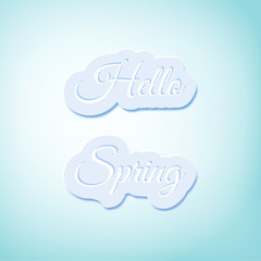 Hello spring greeting card. Lettering on a paper banners with glowing lights. Vector illustration