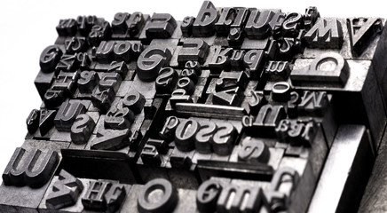 Metal Letterpress Types.
A background from many historic typographical letters in black and white...