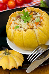 Whole pumpkin stuffed with rice and meat