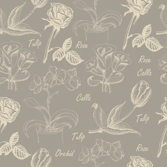 Seamless pattern with calla lily, tulip, orchid, and rose