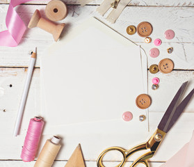 colorful Background with sewing tools - obrazy, fototapety, plakaty