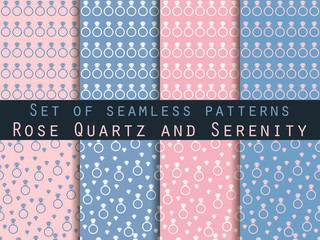 Jewelry. Set of seamless patterns with diamonds. Rose quartz and serenity violet colors. The pattern for wallpaper, bed linen, tiles, fabrics, backgrounds. Vector illustration.
