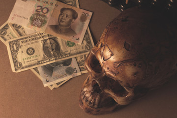 skull on old wood with banknote yuan and dollar in still life style