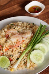 Fried rice recipe with shrimp, Asian cuisine.