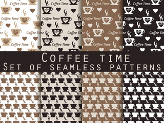 Seamless pattern with cup of coffee. Set patterns. Coffee time. The pattern for wallpaper, bed linen, tiles, fabrics, backgrounds. Vector illustration