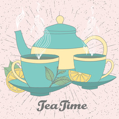Tea time vector illustration of hand drawn doodle elements. Breakfast set with tea pot, tea leaves, lemon, tea cups .