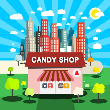 Candy Shop Vector Flat Design Illustration with City on Background