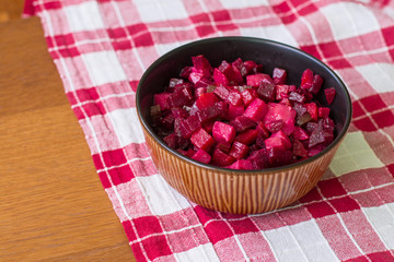 Vinaigrette is a salad in Ukrainian cuisine. It includes diced cooked vegetables (beetroots, potatoes, carrots), chopped onions and brined pickles