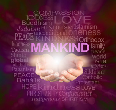 Mankind World Religions Word cloud - Female cupped hands with a ball of light and the word MANKIND floating above, surrounded by a relevant word cloud on a crackle effect ruby red background