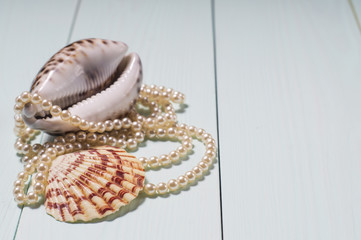 background with sea cockleshells and pearls