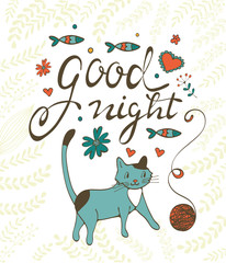 Good night concept card with cute cat flowers twigs and sardines