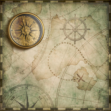 Fototapeta aged brass antique nautical compass and old treasure map