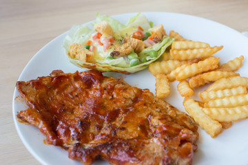 Pork Steak with Salad and French Fried
