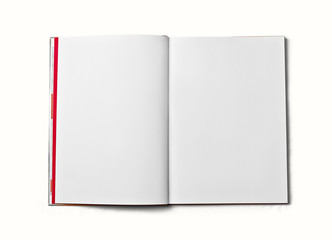 Blank open book isolated on white background. Front view. Paper texture. Clipping path. Mock up.