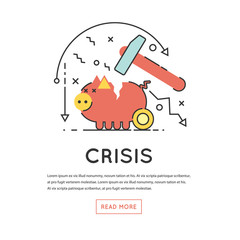Broken Piggy Bank by hummer a thin line. Economic crisis, Capital leakage, Money losses, depression. Flat design vector illustration.