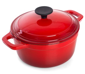 Red cast iron cooking pot with black handle, isolated on white b