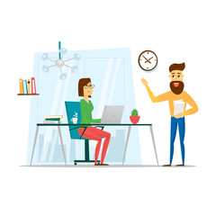 Business People. Business woman working in office her desk. People meeting discussing office desk and workplace. Flat vector illustration.