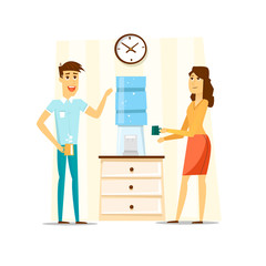 Coffee break, Man and woman drinking tea in an office. Flat vector illustration.