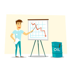 Oil crisis. Businessman showing presentation. Character design vector illustration.