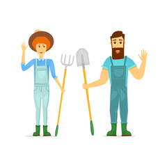 Gardeners, farmers man and woman full-length isolated on white background. Characters flat style.