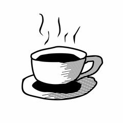 Black Cup of Coffee or Tea. Hot drink Hand drawn isolated on white background. Vector Illustration