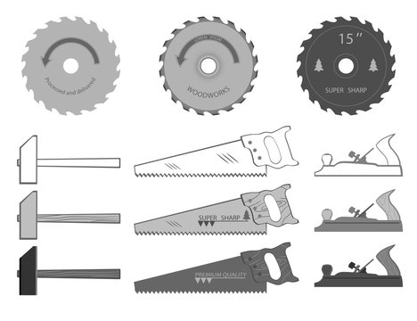 set of tools for working with wood. have a hammer, planer, circular saw and a hacksaw.
