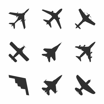Airplane icons set: passenger plane, fighter plane and screw. Vector Illustration