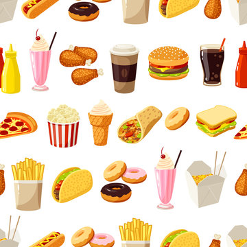 Seamless pattern with cartoon fast food. Vector illustration, eps10.