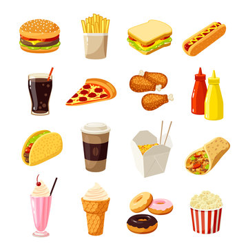 Set of cartoon fast food. Vector illustration, eps10, isolated on white.