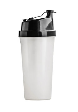 Plastic shaker isolated on white background with clipping path. Shaker for sport food cocktail. Black and white. Sport and healthy drink.