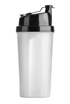 Plastic shaker isolated on white background with clipping path. Shaker for sport food cocktail. Black and white. Sport and healthy drink.