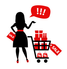 shopping woman with shopping cart shopping bags gift boxes speech bubble.woman silhouette shopping sale concept illustration on white background