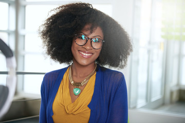 Portrait of a smiling woman with an afro at the computer in bright glass office