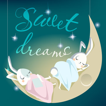 sleeping white bunny kids - vector card