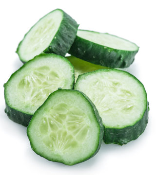 Cucumber slices on the white background.