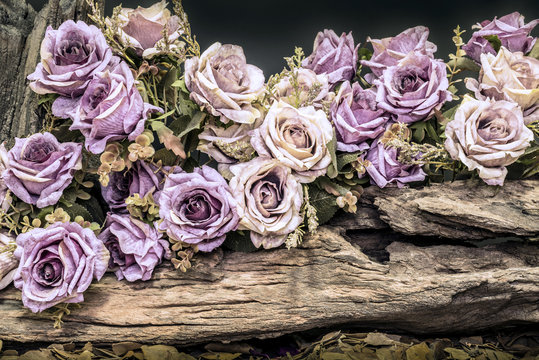 still life with purple roses and timber