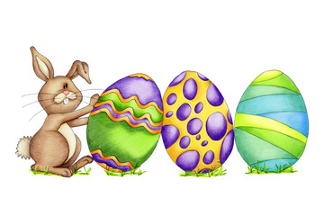 Easter bunny with colorful eggs isolated on white background