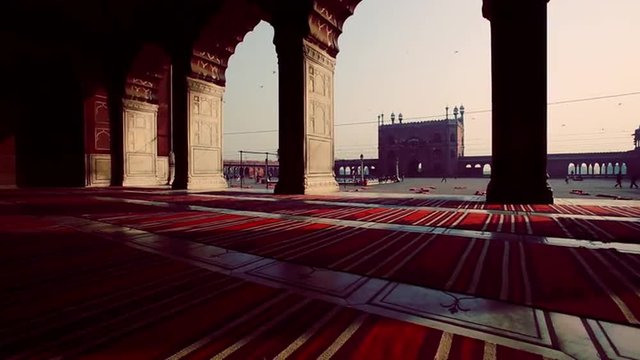 Locked-on shot of carpets on the floor of a mosque, Jama Masjid, Delhi, India