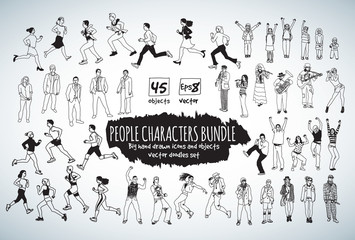 Big bundle people characters doodles black and white icons.