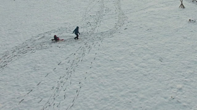Mother pulling slade and kids having fun in winter, aerial view