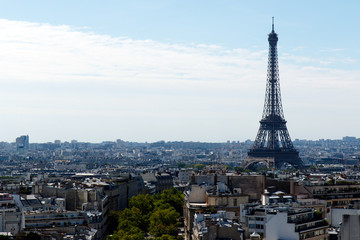 Color DSLR image of the landmark, tourist destination Eiffel Tower, Paris, France, with the skyline of Paris in the foreground and background. Horizontal with copy space for text
