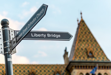 Budapest liberty bridge signpost, Hungary, Europe.