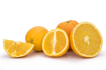 Cross section of ripe oranges on white background. Clipping path incl.