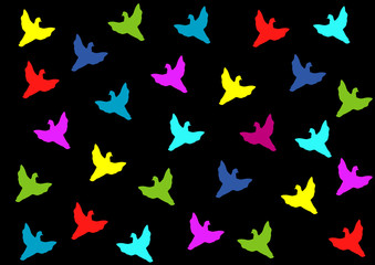 colorful flying doves on black background